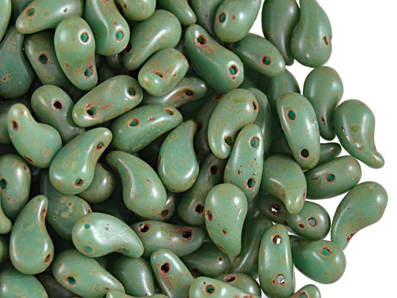 20 pcs 2-hole ZoliDuo® Right Pressed Beads, 5x8mm, Opaque Turquoise Green Travertine, Czech Glass