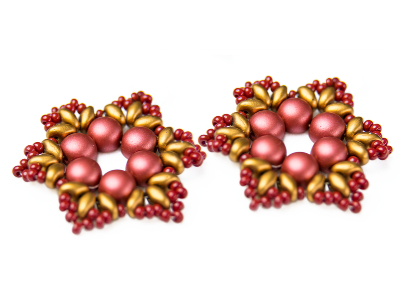 Exclusive DIY Beading Kit For Making Jewelry Snowflake 2pcs, Gold Red, Czech Glass Beads