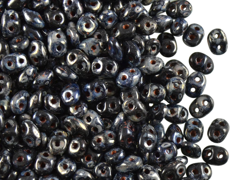 20 g 2-hole SuperDuo™ Seed Beads, 2.5x5mm, Jet Picasso, Czech Glass