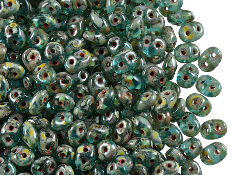 20 g 2-hole SuperDuo™ Seed Beads, 2.5x5mm, Aqua Travertine Dark, Czech Glass