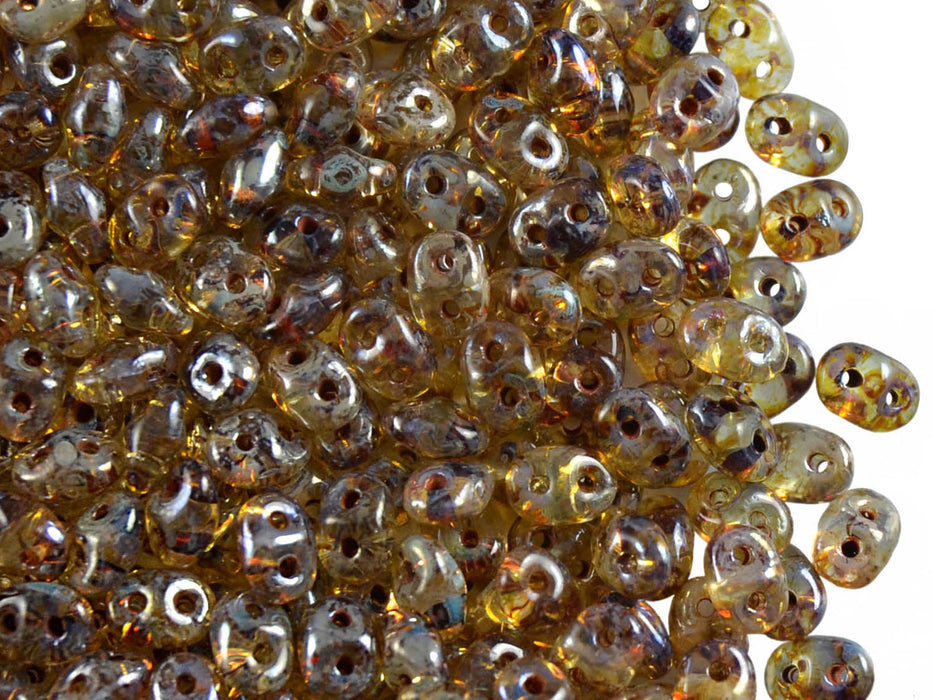 20 g 2-hole SuperDuo™ Seed Beads, 2.5x5mm, Crystal Picasso Luster, Czech Glass