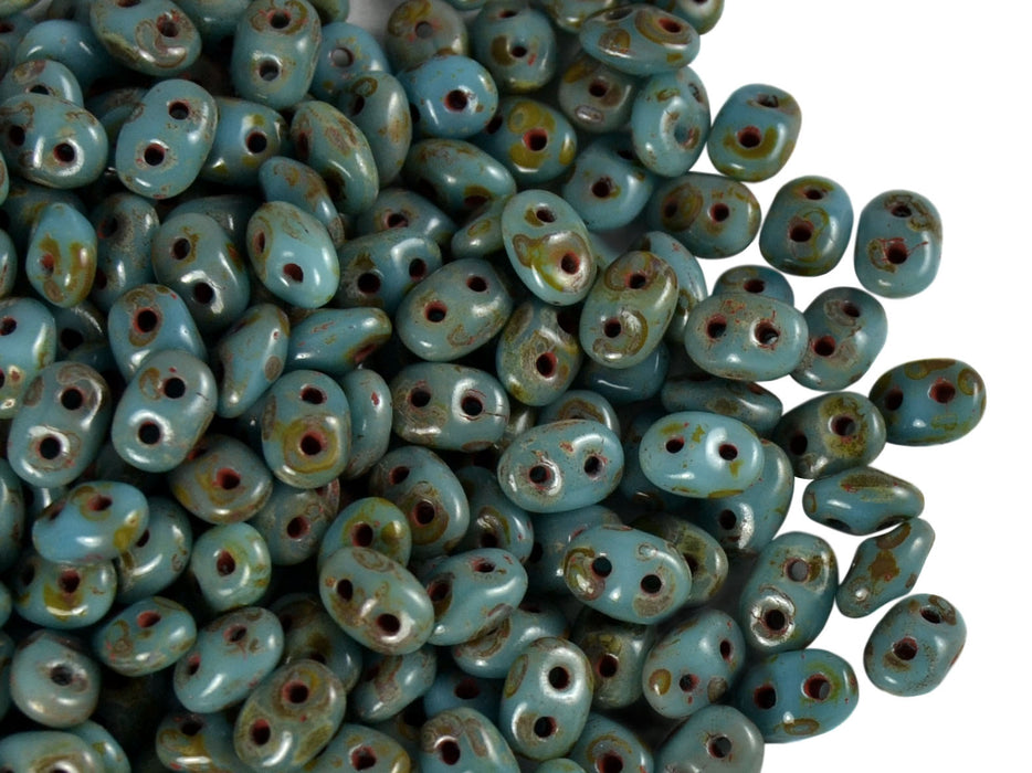 20 g 2-hole SuperDuo™ Seed Beads, 2.5x5mm, Turquoise Blue Travertine Dark, Czech Glass