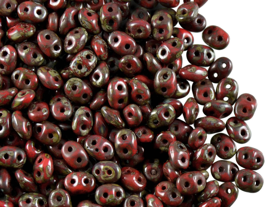 20 g 2-hole SuperDuo™ Seed Beads, 2.5x5mm, Coral Red Travertine Dark, Czech Glass