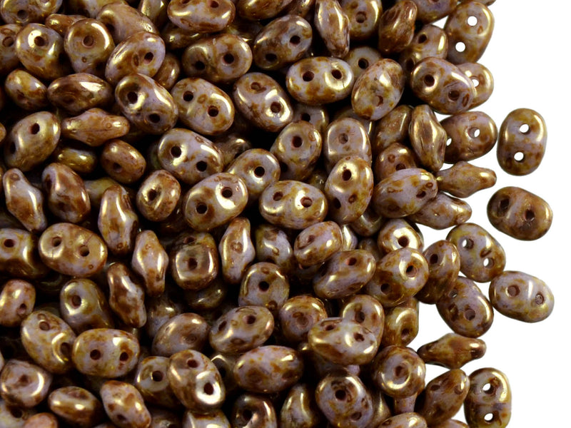 20 g 2-hole SuperDuo™ Seed Beads, 2.5x5mm, White Chalk Senegal Brown Purple, Czech Glass