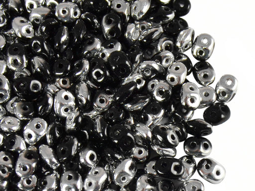 20 g 2-hole SuperDuo™ Seed Beads, 2.5x5mm, Jet Labrador (Jet Black Half Silver Metallic), Czech Glass