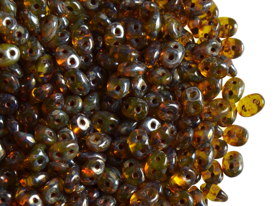 20 g 2-hole SuperDuo™ Seed Beads, 2.5x5mm, Amber Picasso Luster, Czech Glass