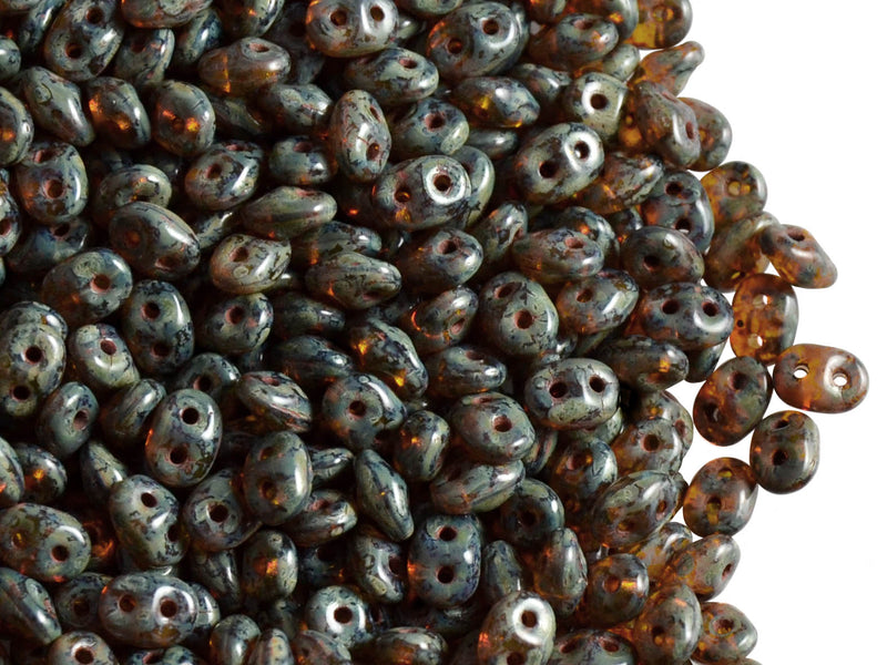 20 g 2-hole SuperDuo™ Seed Beads, 2.5x5mm, Amber Travertine Dark Luster, Czech Glass