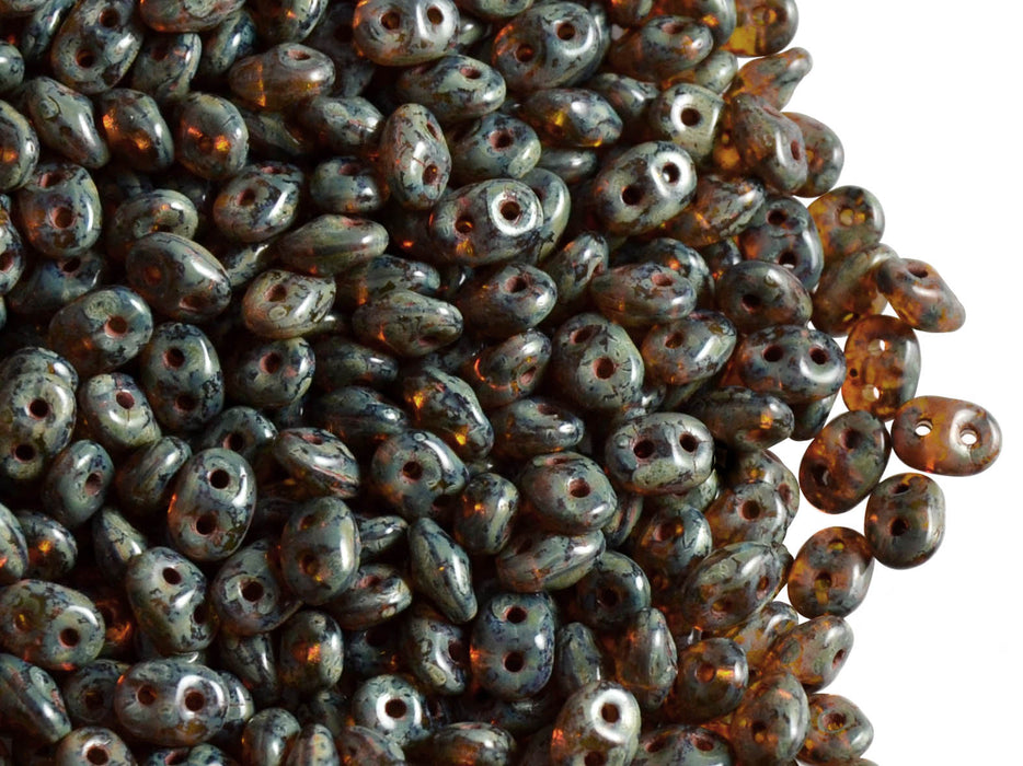 20 g 2-hole SuperDuo™ Seed Beads, 2.5x5mm, Amber Travertine Dark Luster, Czech Glass
