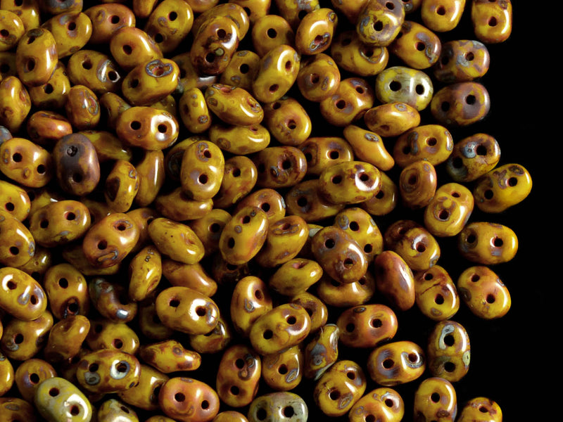 20 g 2-hole SuperDuo™ Seed Beads, 2.5x5mm, Lemon Travertine Dark Luster, Czech Glass