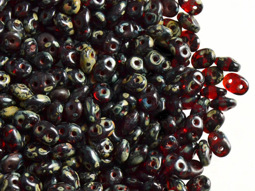 20 g 2-hole SuperDuo™ Seed Beads, 2.5x5mm, Ruby Travertine Dark Luster, Czech Glass