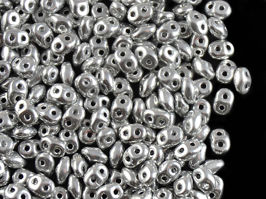 20 g 2-hole SuperDuo™ Seed Beads, 2.5x5mm, Crystal Full Labrador (Silver Metallic), Czech Glass