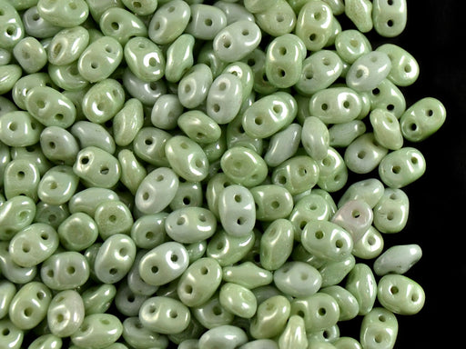 20 g 2-hole SuperDuo™ Seed Beads, 2.5x5mm, Opaque Chalk White Green Luster, Czech Glass