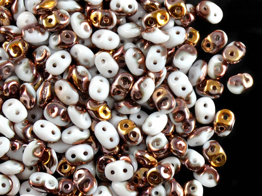 20 g 2-hole SuperDuo™ Seed Beads, 2.5x5mm, Opaque Chalk White Capri Gold, Czech Glass
