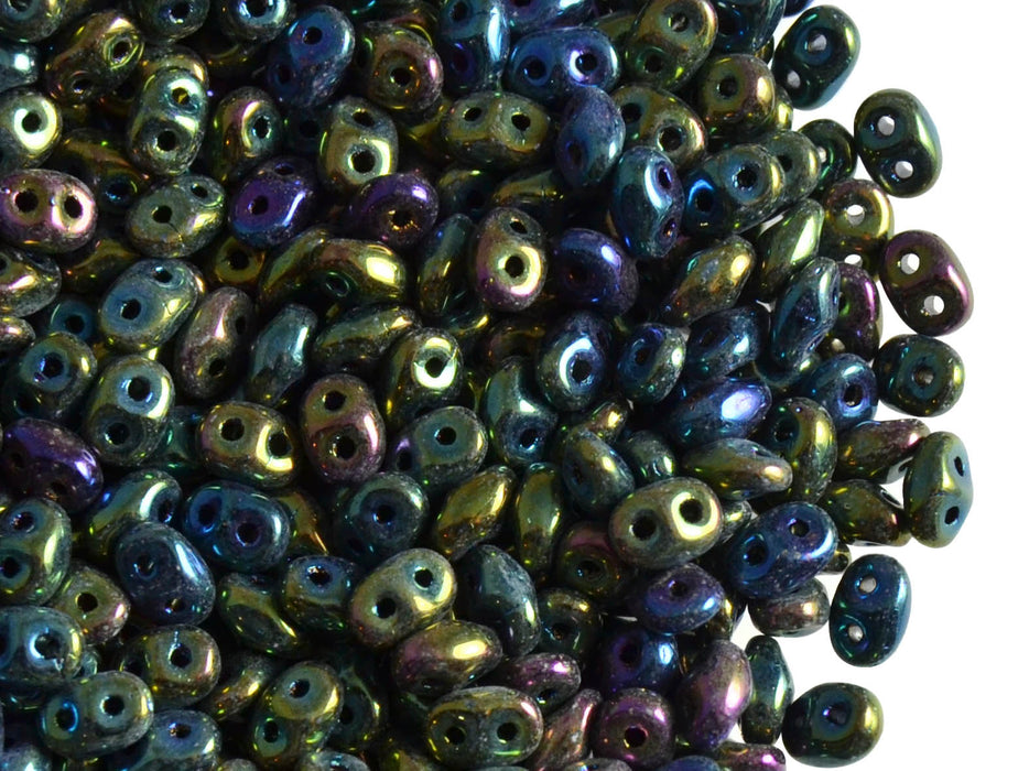 20 g 2-hole SuperDuo™ Seed Beads, 2.5x5mm, Jet Green Iris, Czech Glass