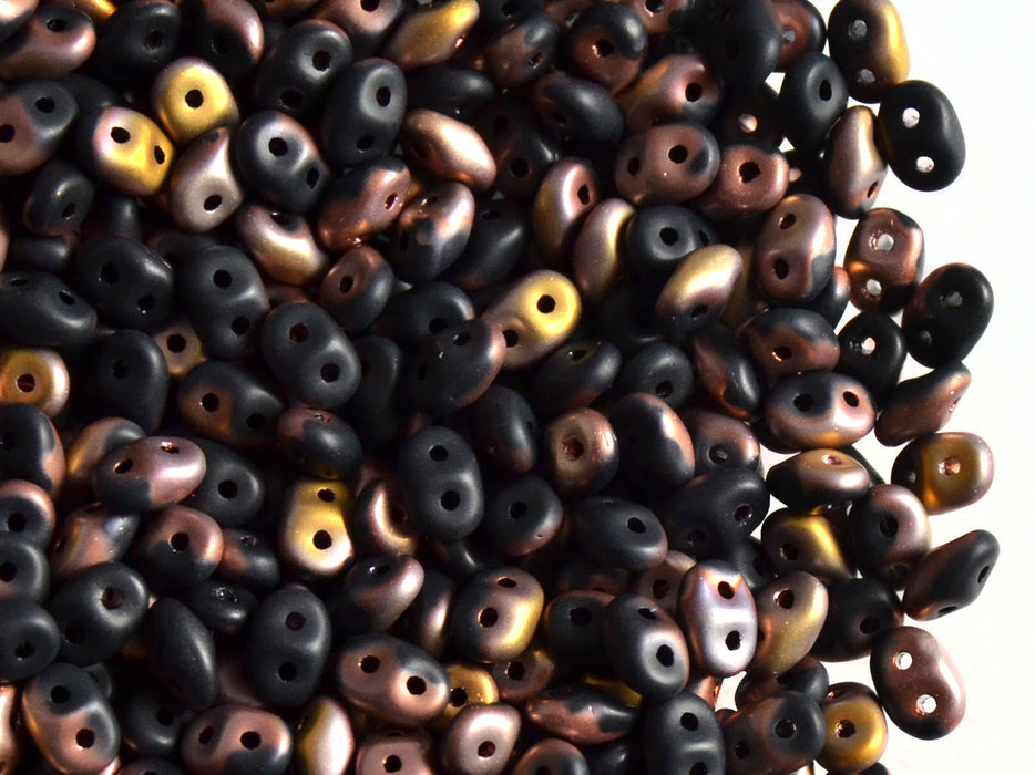 20 g 2-hole SuperDuo™ Seed Beads, 2.5x5mm, Jet Capri Gold Matte, Czech Glass
