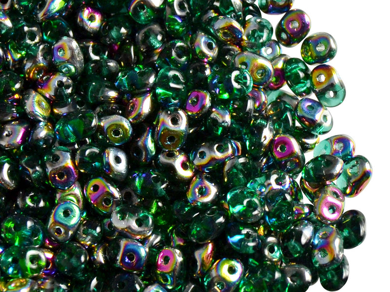 20 g 2-hole SuperDuo™ Seed Beads, 2.5x5mm, Emerald Vitrail, Czech Glass