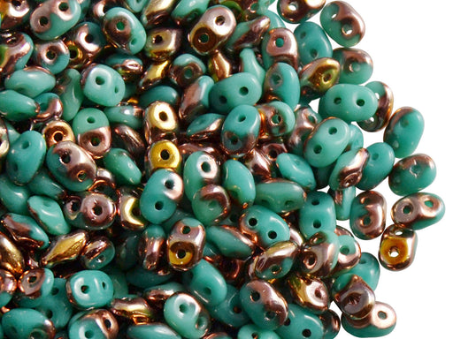 20 g 2-hole SuperDuo™ Seed Beads, 2.5x5mm, Opaque Turquoise Green Capri Gold, Czech Glass