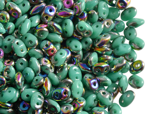 20 g 2-hole SuperDuo™ Seed Beads, 2.5x5mm, Opaque Turquoise Green Vitrail, Czech Glass
