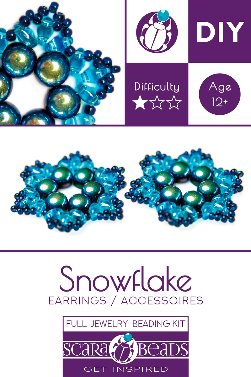 Exclusive DIY Beading Kit For Making Jewelry Snowflake 2pcs, Blue Green, Czech Glass Beads