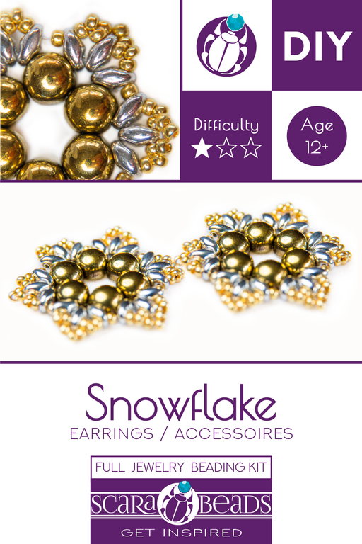 Exclusive DIY Beading Kit For Making Jewelry Snowflake 2pcs, Gold Silver, Czech Glass Beads