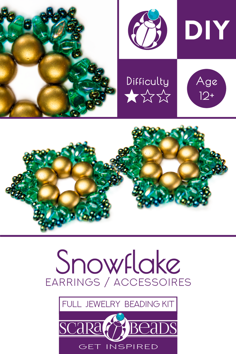 Exclusive DIY Beading Kit For Making Jewelry Snowflake 2pcs, Gold Green, Czech Glass Beads