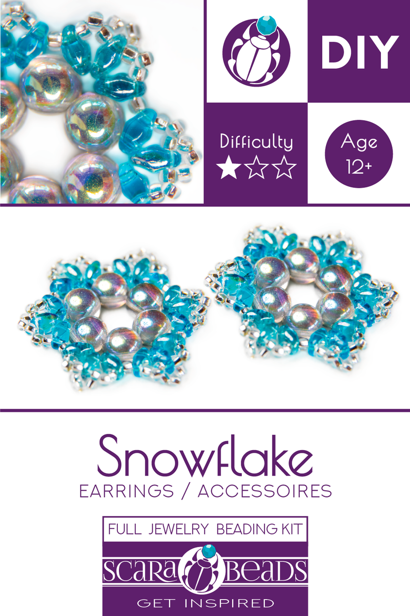 Exclusive DIY Beading Kit For Making Jewelry Snowflake 2pcs, Aqua Silver, Czech Glass Beads