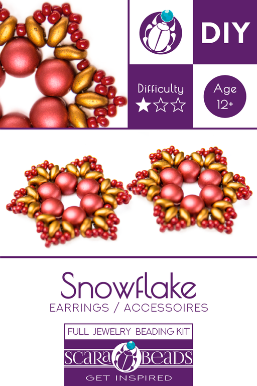 Exclusive DIY Beading Kit For Making Jewelry Snowflake 2pcs, Gold Red, Czech Glass Beads