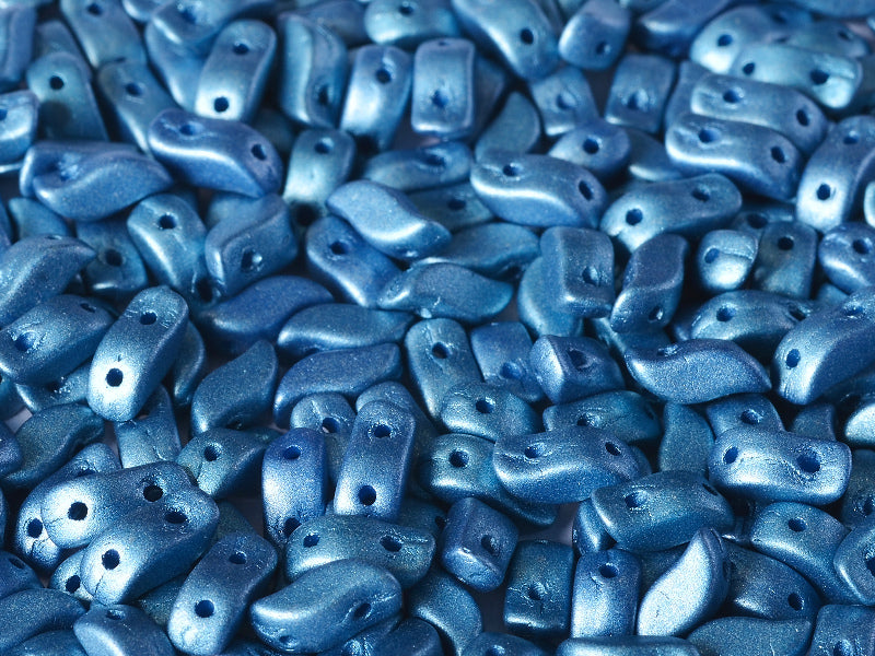 50 pcs 2-hole StormDuo® Pressed Beads, 3x7mm, Alabaster Metallic Sea Blue, Czech Glass