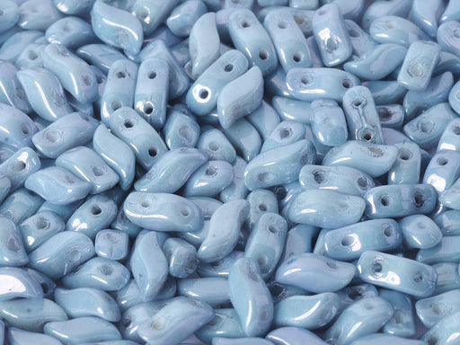 50 pcs 2-hole StormDuo® Pressed Beads, 3x7mm, Chalk White Baby Blue Luster, Czech Glass