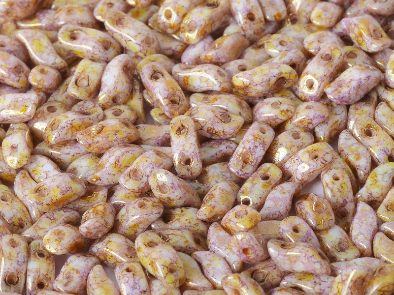 600 pcs 2-hole StormDuo® Pressed Beads, 3x7mm, Chalk White Lila Gold Luster, Czech Glass