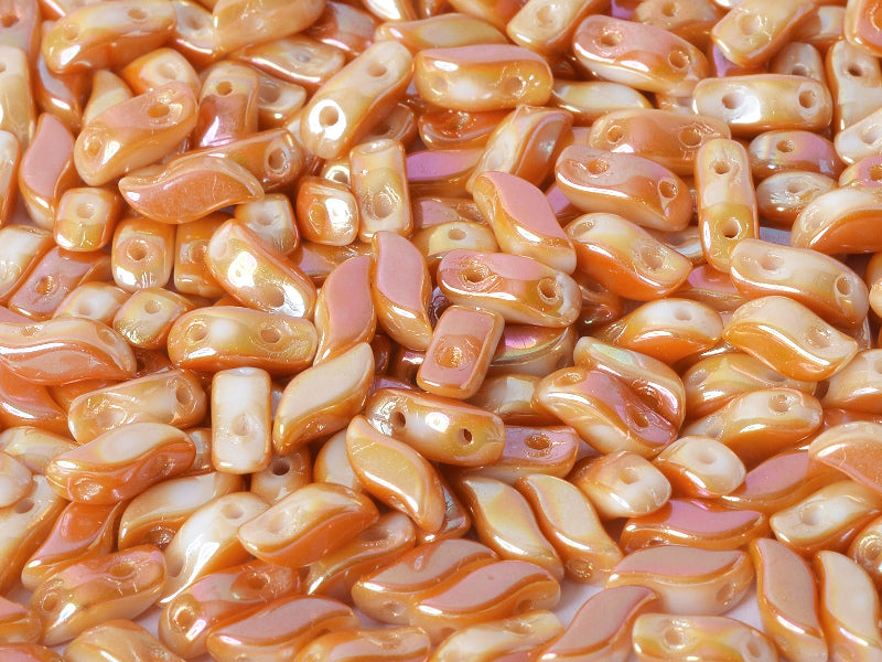 50 pcs 2-hole StormDuo® Pressed Beads, 3x7mm, Chalk White Full Apricot Medium, Czech Glass