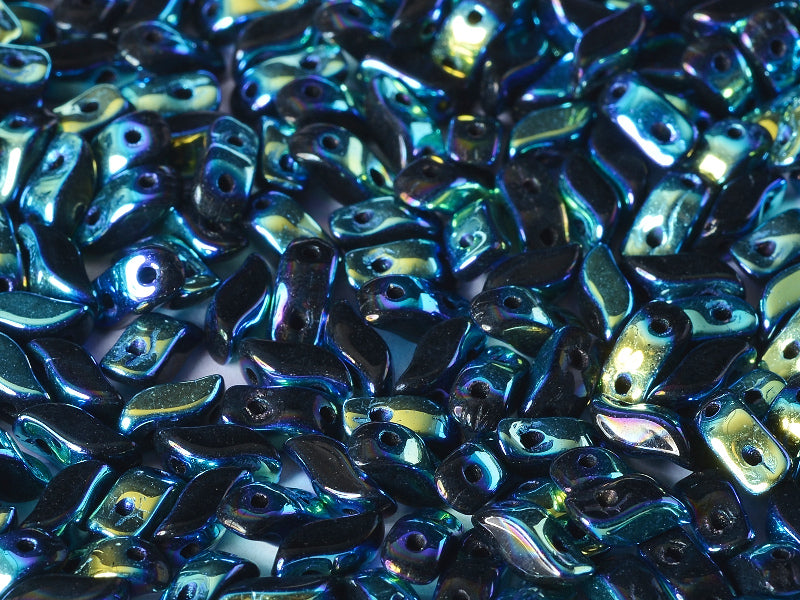 50 pcs 2-hole StormDuo® Pressed Beads, 3x7mm, Jet Full AB, Czech Glass
