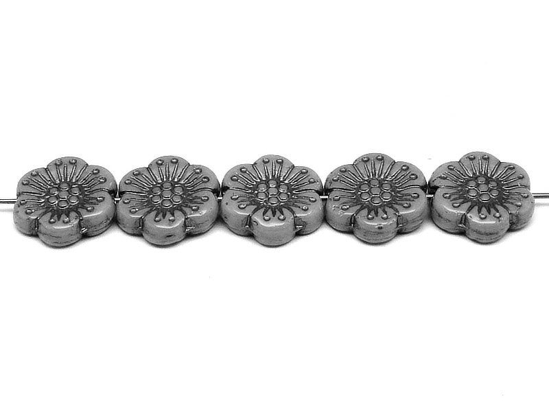 12 pcs Flower Beads, 14mm, Deep Gray with Bronze Fired Color, Czech Glass