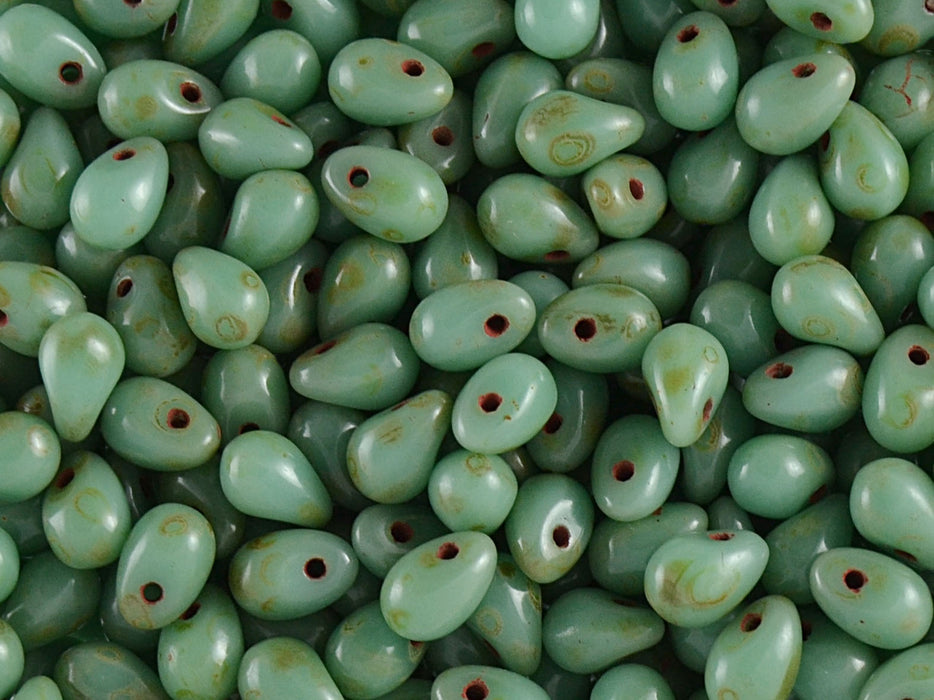 60 pcs Teardrop Small Glass Beads, 4x6mm, Green Turquoise Travertin, Czech Glass