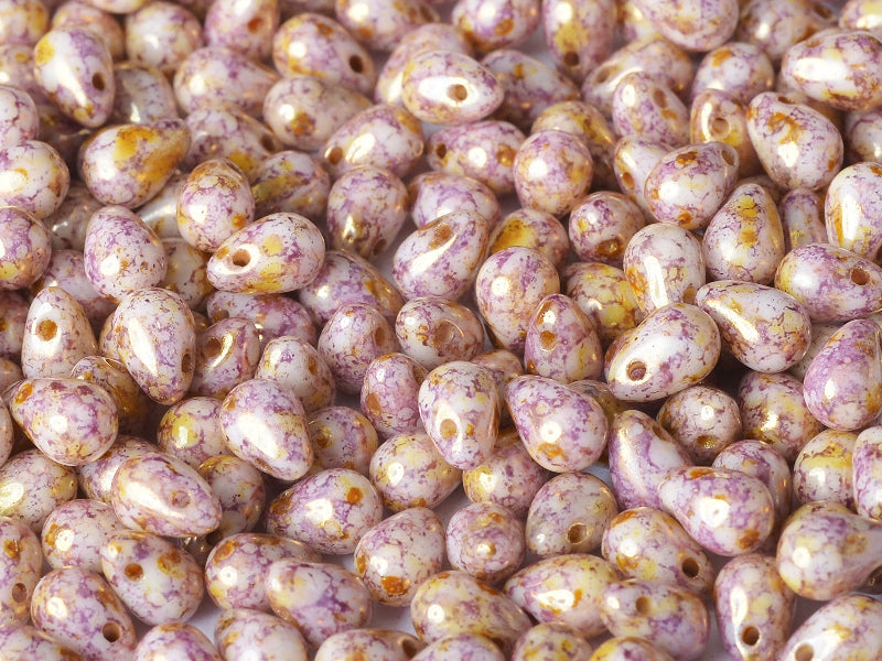60 pcs Teardrop Small Glass Beads, 4x6mm, Chalk White Lila Gold Luster, Czech Glass
