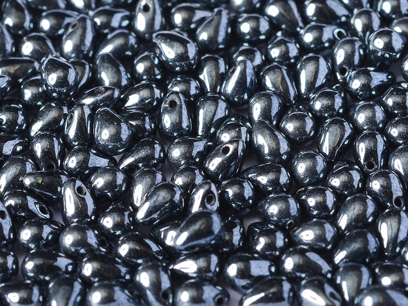 60 pcs Teardrop Small Glass Beads, 4x6mm, Jet Hematite, Czech Glass