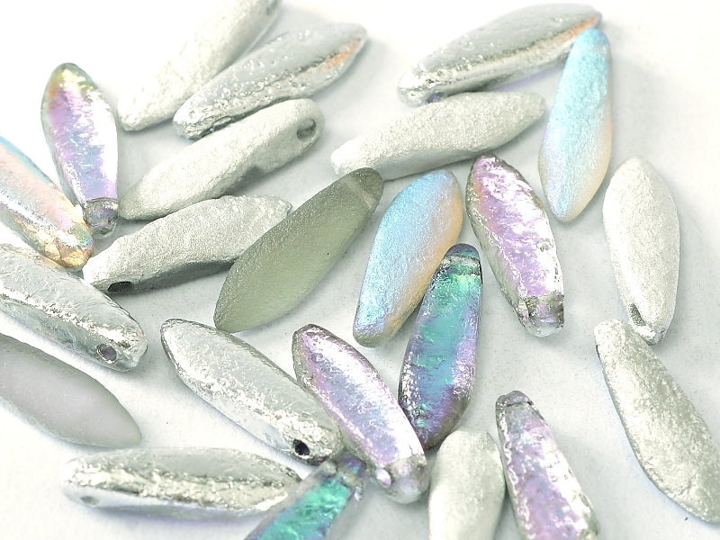 25 pcs Dagger Beads, 5x16mm, 1-Hole, Czech Glass, Crystal Etched Silver Rainbow