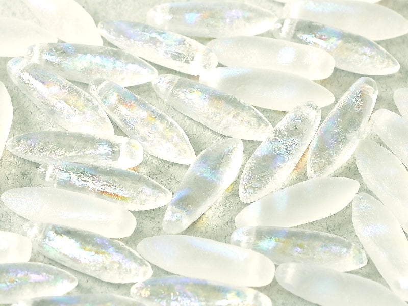 25 pcs Dagger Beads, 5x16mm, 1-Hole, Czech Glass, Crystal Etched AB Stripes