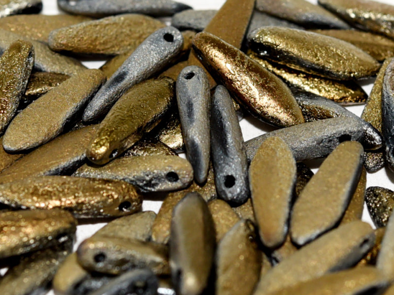 25 pcs Dagger Beads, 5x16mm, 1-Hole, Czech Glass, Jet Etched Full Valentinite