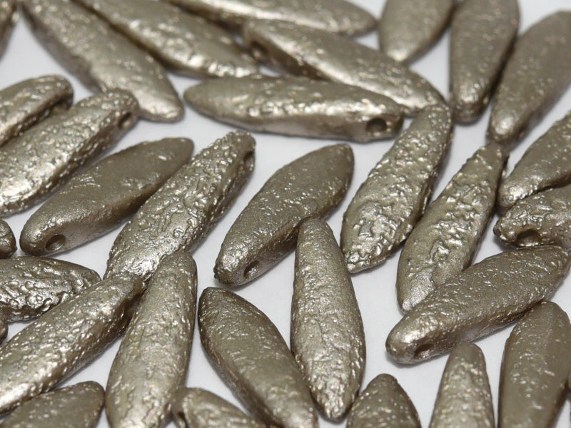 25 pcs Dagger Beads, 5x16mm, 1-Hole, Czech Glass, Alabaster Etched Metallic Grey
