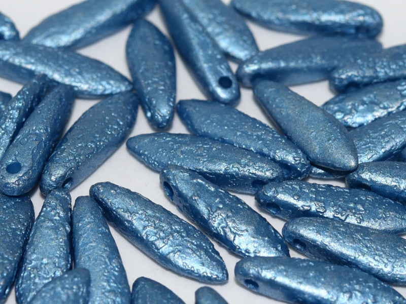 25 pcs Dagger Beads, 5x16mm, 1-Hole, Czech Glass, Alabaster Metallic Sea Blue Etched