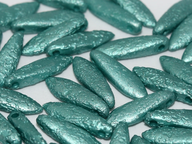25 pcs Dagger Beads, 5x16mm, 1-Hole, Czech Glass, Alabaster Metallic Emerald Etched