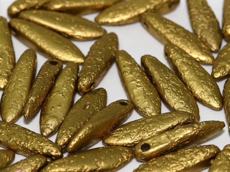 25 pcs Dagger Beads, 5x16mm, 1-Hole, Czech Glass, Alabaster Metallic Olivine Etched