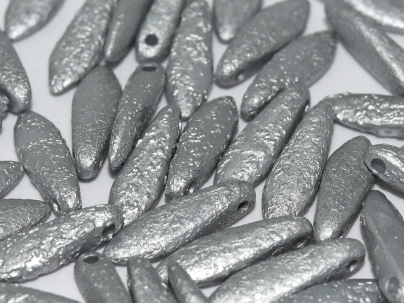 25 pcs Dagger Beads, 5x16mm, 1-Hole, Czech Glass, Alabaster Metallic Silver Etched