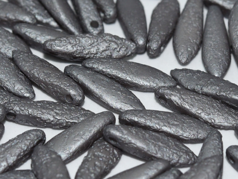 25 pcs Dagger Beads, 5x16mm, 1-Hole, Czech Glass, Alabaster Metallic Steel Etched