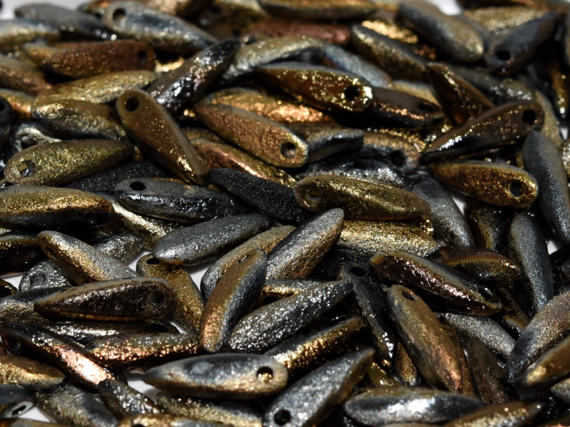 Dagger Beads 3x11 mm Jet Etched Full Valentinite Czech Glass Silver Gold Multicolored