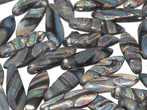 25 pcs Dagger Beads, 5x16mm, 1-Hole, Czech Glass, Crystal Etched Vitrail Stripes Dark
