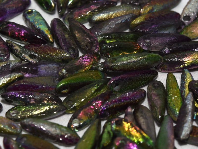 Dagger Beads 3x11 mm Crystal Etched Magic Orchid Czech Glass Purple Green Multicolored