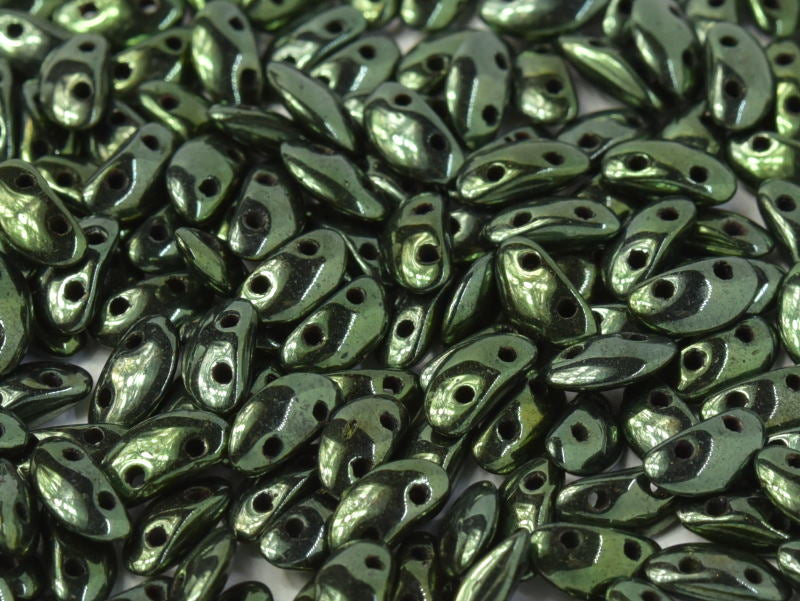 300 pcs MobyDuo® Beads, 3x8mm, 2-Hole, Czech Glass, Jet Green Luster