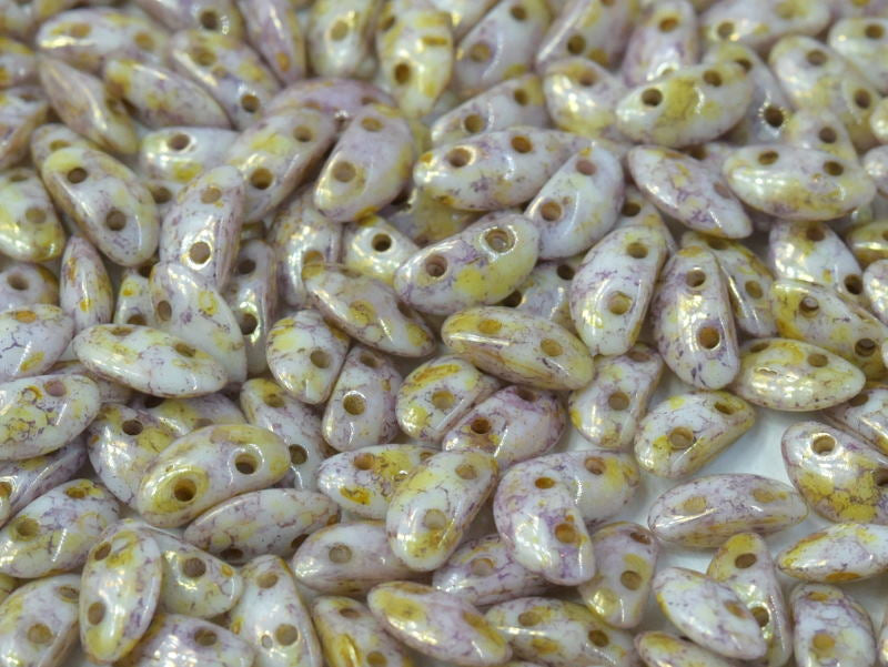 300 pcs MobyDuo® Beads, 3x8mm, 2-Hole, Czech Glass, Chalk White Lila Gold Luster